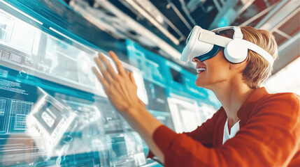 Businesswoman using VR headset interacting with futuristic data interface in immersive virtual workspace. Concept of digital innovation, technology and remote collaboration.