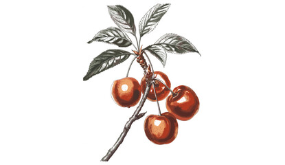 Botanical cherry vector, vintage fruit drawing, hand-drawn cherry branch, isolated on transparent, antique botanical print, classic cherry engraving, nature illustration