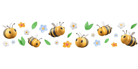 Border with 3d bees, leaves and flowers buds. Seamless pattern with plasticine summer elements. Apiculture decoration, beekeeping frame.  Cartoon insects flying in abstract bloom. Vector illustration.