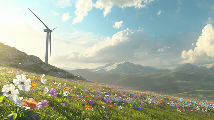 Wind turbines in the mountains, flower field, wind turbines in the alps.