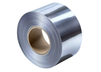 metallic roll of shiny silver tape on white background