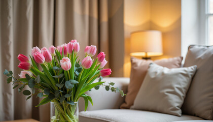 Cozy bouquet of tulips and eucalyptus in living room corner, tranquility