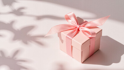 Elegant pink jewelry box with ribbon on reflective surface, gift concept