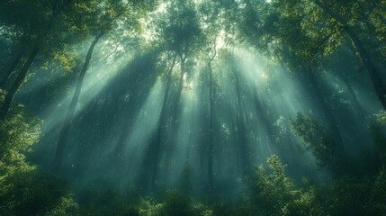 Obraz premium Sunlight streams through misty forest canopy