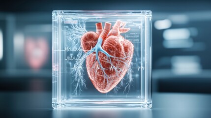 Innovative heart model display medical research lab 3d visualization scientific environment close-up view cardiovascular concept