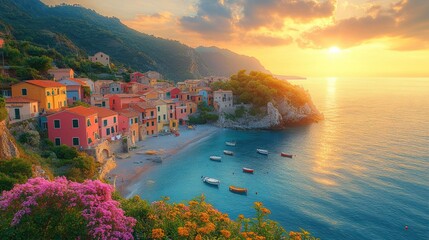 Fototapeta premium Colorful coastal village at sunset, boats on turquoise water, scenic backdrop