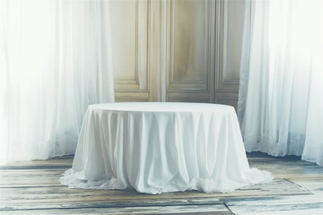 Elegant round table covered with white tablecloth in bright classic room with soft natural light, offering perfect copy space for event or product mockup.