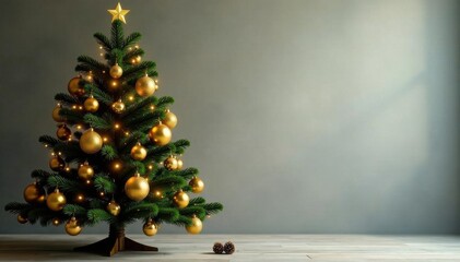 Tall, elegant Christmas tree; lavish gold ornaments, natural pine cones , cone, christmas spirit