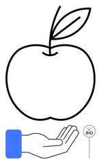 Black outline of an apple above an open hand, paired with a bio label. Ideal for health, organic farming, sustainability, eco-product marketing, nutrition, environmental care food quality. Simple