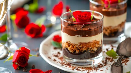 A delectable layered chocolate dessert garnished with fresh roses, perfect for romantic occasions, embodying elegance and a sweet connection between lovers.