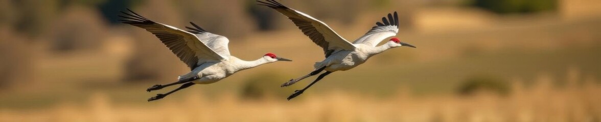 Fototapeta premium Two sandhill cranes locked in aerial combat, wings outstretched, wildlife, environment