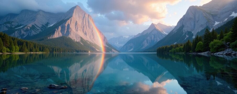 Triple rainbow reflected in a mountain lake, mirroring the vivid spectrum , picturesque, colors, spectrum