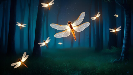 A dreamlike and magical illustration of a firefly fluttering in the shadowy woods at night. This concept draws inspiration from fairy tales