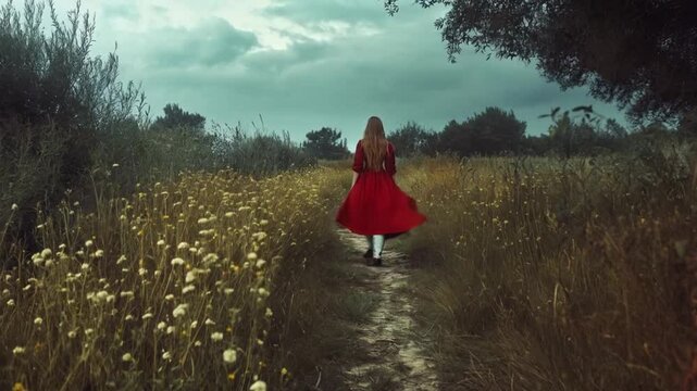 Gadis itu berjalan di ladang, menikmati keindahan alam dan aroma bunga yang mekar di sekelilingnya.