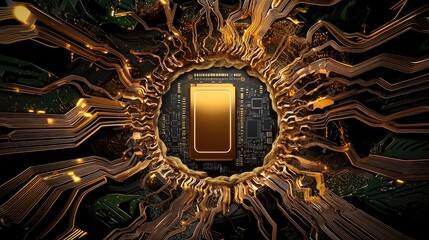 Fototapeta premium A visually stunning contrast between a natural tree trunk and a digital motherboard interface