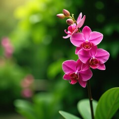 Obraz premium Vibrant red orchids bloom in lush garden setting , orchids, plant