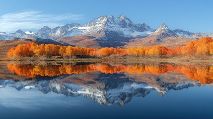 Fototapeta premium Autumnal lake reflecting mountains with snow, serene landscape