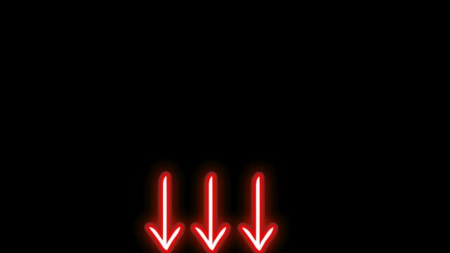glowing red arrows down animation decrease, arrows on black background screen 4k hd