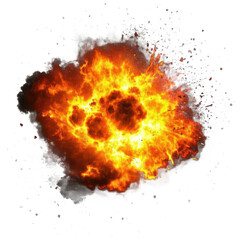 Explosive fireball, massive explosion, fiery blast, orange and yellow flames, billowing smoke on transparent