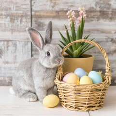 A gray rabbit is sitting in front of a basket of eggs