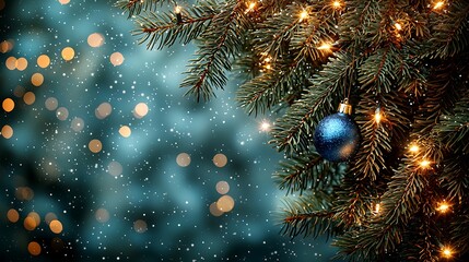 Snowy Night, Blue Ornament, Lit Fir Branch