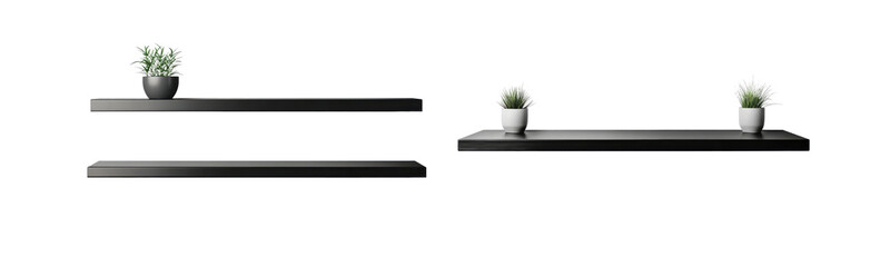 black floating shelves with potted plants on white background