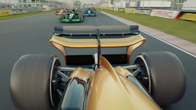 Generic formula one race cars starting the race from the starting grid. Pole position race car point of view looking behind. 3d animation rendering. New 2025 black and gold race car design