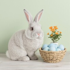 Obraz premium A rabbit is sitting in front of a basket of eggs