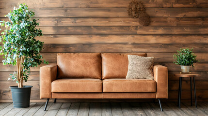 Brown Leather Sofa Against Rustic Wooden Wall With Potted Plants And Side Table In Cozy Living Room Interior Home Decor With Warm Natural Lighting