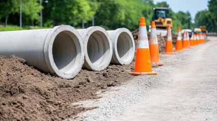 Large concrete pipes laid by dirt road, orange safety cones lined up along roadside, construction equipment in background.