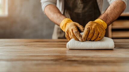The image captures an artisan deftly cleaning a wooden table while wearing protective gloves, representing skillful craftsmanship and meticulous attention to detail in work and environment.