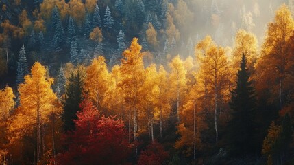 Obraz premium Vibrant Autumn Forest with Golden Leaves and Misty Background