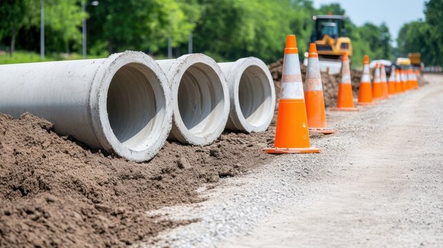 Large concrete pipes laid by dirt road, orange safety cones lined up along roadside, construction equipment in background.