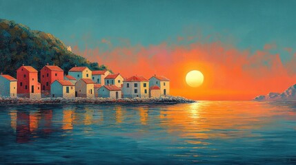 Fototapeta premium Coastal village sunset painting