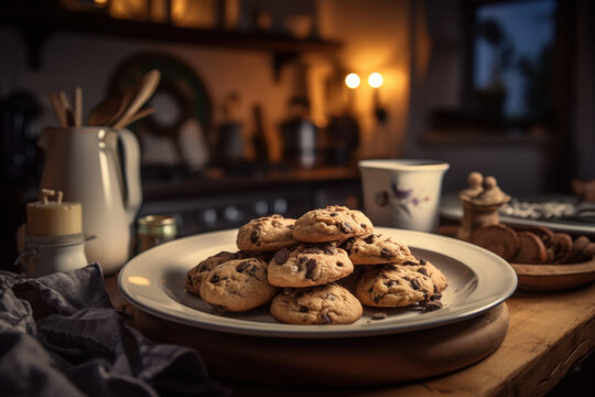 A plate of freshly baked chocolate chip cookies in a cozy kitchen setting with warm ambient lighting