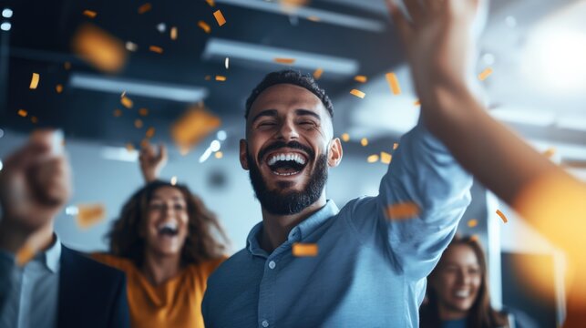 Celebration event with enthusiastic participants office setting group photo joyful atmosphere close-up view team spirit