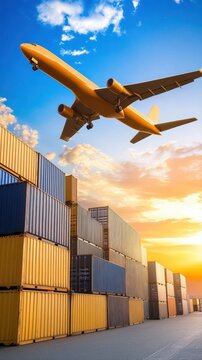 Airplane flying over a cargo container symbolizing international freight forwarding and global trade logistics