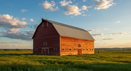 Rustic red barn in scenic countryside during golden hour