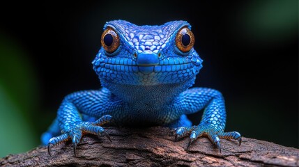 vibrant blue lizard resting on a branch in the forest