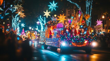 Festive Holiday Parade with Colorful Lights and Joyful Characters