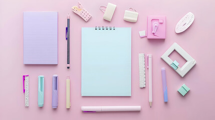 Pastel Stationery Flat Lay Arrangement On A Pink Background With Blank Notepad Office Workspace Mockup