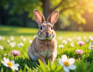 Fototapeta premium Adorable brown bunny sitting peacefully among spring daisies in sunlit meadow
