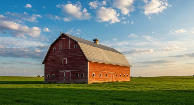 Red barn on lush green field under a big blue sky with white clouds