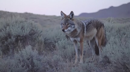 Fototapeta premium Coyote Standing in Desert Landscape at Dusk 