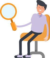 Male Character Sitting and Holding Magnifier
