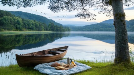 Obraz premium Tranquil Lakeside Picnic with Rowboat and Nature 