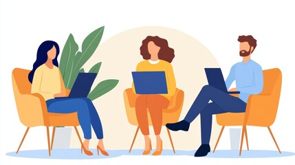 A digital artwork features three individuals engaged in focused work on laptops, arranged in a semi-circle within a minimalist setting, suggesting collaboration or independent projects Each person is