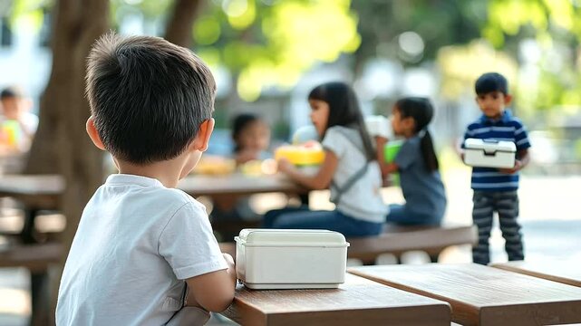 Child contemplating an empty lunchbox on a school bench