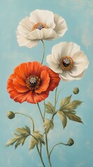 captivating oil painting of three beautiful flowers featuring light red and white poppies.
