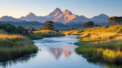 Fototapeta premium Serene mountain river valley at sunrise
